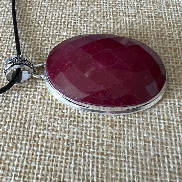 Enhanced Faceted Ruby Silver Overlay Pendant Necklace w Cord - Picture 6 of 7